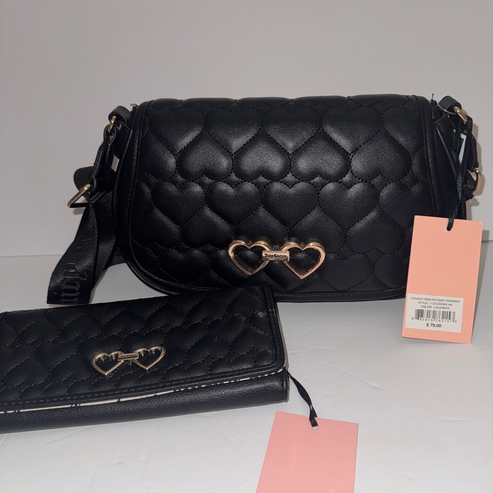 Juicy Couture Black Quilted Heart Bag and Wallet Set